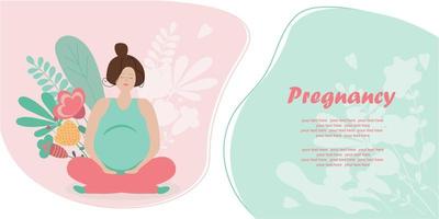 söt gravid kvinna i blommor. graviditet och moderskap. bära en bebis. platt illustration med plats under texten, som information till blivande mammor. vektor