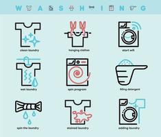 satz von wasch- und wäschesymbolen. Zu diesen Symbolen gehören Waschmittelbehälter, hängende Kleidung, sich drehende Kleidung, WLAN-Funktion und so weiter. bunte Waschsymbole gesetzt. editierbarer Strich. Logo, Web und App. vektor