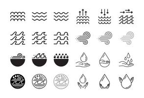 Set aus 24 Icon-Designs mit gleicher und unterschiedlicher Linienstärke, wie z. B. unterschiedliche Meereswellen, Wasserwind, Handwasser, Klima. Logodesign, Websites und Designs. vektor