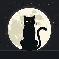 schwarze katze auf einem hintergrund des nachthimmels mit sternen und dem mond vektor