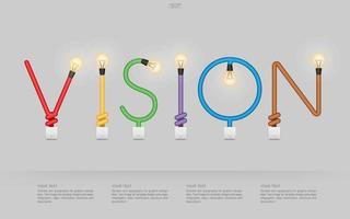 Vision - abstraktes lineares Alphabet aus Glühbirne und Lichtschalter auf grauem Hintergrund. Lampe und Schalter mit Bereich für Infografik und Text. Vektor. vektor