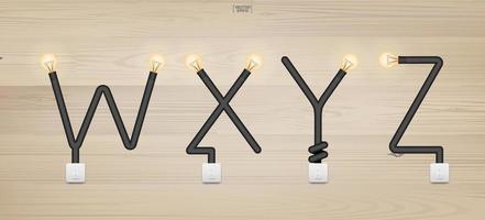 w,x,y,z - Satz von Loft-Alphabet-Buchstaben. abstraktes Alphabet aus Glühbirne und Lichtschalter auf Holzhintergrund. Vektor. vektor