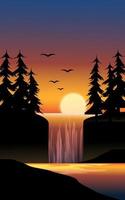 flache illustration des sonnenuntergangs im wald mit wasserfall vektor