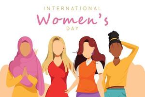 Internationaler Frauentag. vektorillustration von vier glücklichen unterschiedlichen frauen, die zusammen stehen vektor