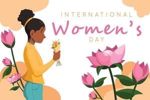 glad internationella kvinnodagen. 8 mars, ung vacker kvinna. svart kvinna. banner, affisch mall vektor