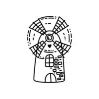 Mühle, ein handgezeichnetes Element im Doodle-Stil. eine Struktur zum Mahlen von Getreide. Weizenmühle. alte Architektur. einfacher Linienstilvektor für Logos, Symbole und Embleme. vektor