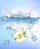 Das Frischgemüse, das Eis in blaues klares Wasserspritzen spritzt, lokalisierte gesundes Lebensmitteldiät-Frischekonzept weißen Hintergrund. Realistische Vektor-Illustration. vektor