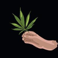 hand mit marihuanablatt isoliert auf schwarzem hintergrund, handgezeichneter cartoon realistischer stil, hanfsymbol. medizinisches marihuana, cannabisblatt in menschlicher hand vektor