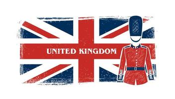 die grunge-flagge des vereinigten königreichs mit britischem soldaten auf der wachvektorillustration vektor
