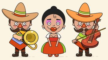 Mexikanska musiker Vektor illustration med två män och en kvinna med gitarrer i inhemska kläder och Sombrero Flat Vector