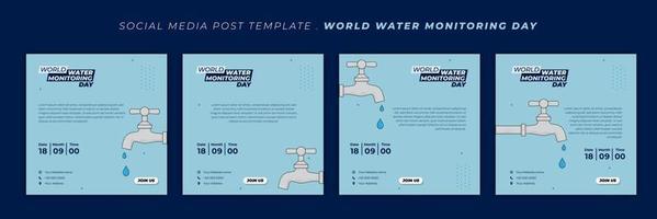 World Water Monitoring Day design med att tappa vatten från kranen. uppsättning av sociala medier mall med blå och vit design. vektor