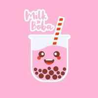 sött boba bubble milk tea med tapioka. pärla mjölk te, svarta läckra pärlor är taiwanesiska känd. populär dryck. vektor illustration skiss. tecknad karaktär. söt klistermärke. kawaii tecknad emoji.