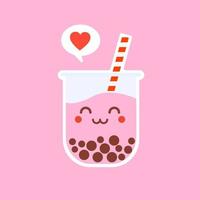 sött boba bubble milk tea med tapioka. pärla mjölk te, svarta läckra pärlor är taiwanesiska känd. populär dryck. vektor illustration skiss. tecknad karaktär. söt klistermärke. kawaii tecknad emoji.