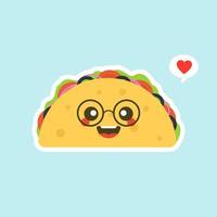 vektorillustration mit mexikanischen tacos kawaii essen. Die Tortilla geht zu Tacos. niedliche karikaturillustration lokalisiert auf farbigem hintergrund. vektor