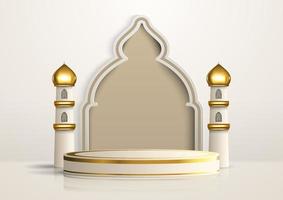 realistisches islamisches produktanzeigepodium mit moscheentor und goldenen minaretten im weißen hintergrund. 3D-Islamische Illustration für Werbung, Verkauf und Online-Shopping. helles Sockeldesign vektor