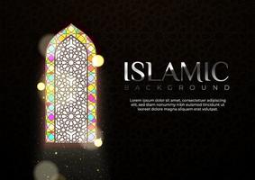vacker islamisk illustration med färgglada glasmålningar i moskén. islamiskt gratulationskort med solstrålar genom moskéfönstret och glänsande bokeh-partiklar. moskén interiör illustration vektor
