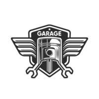 Garagenlogo mit Kolben- und Flügelvektorillustration