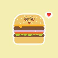 glücklich lächelnder lustiger süßer burger. vektor, flache, karikatur, charakter, abbildung, symbol, design. isoliert auf farbigem Hintergrund. Burger, Fast-Food-Café, Junk Food, Restaurant, Resto vektor