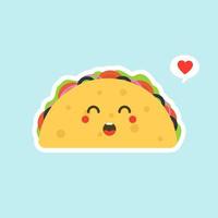 vektorillustration med mexikansk tacos kawaii mat. tortillan ska till tacos. söt tecknad illustration isolerad på färgbakgrund. vektor