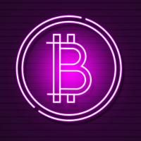 Neon-Bitcoin-Symbol auf schwarzem Background.light-Effekt. Digitales Geld, Bergbautechnik-Konzept. Vektor Icon.