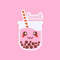 sött boba bubble milk tea med tapioka. pärla mjölk te, svarta läckra pärlor är taiwanesiska känd. populär dryck. vektor illustration skiss. tecknad karaktär. söt klistermärke. kawaii tecknad emoji.