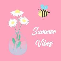 Gänseblümchenblumen in einer transparenten Vase mit Wasser und süßer Cartoon-Biene. Sommerstimmungstext. Postkarte. vektor