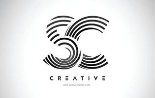 sc-Linien Warp-Logo-Design. Briefsymbol mit schwarzen kreisförmigen Linien. vektor