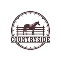 Pferdesilhouette hinter Holzzaunkoppel für Vintage-Retro-Landschaft Western Country Farm Ranch Logo-Design vektor