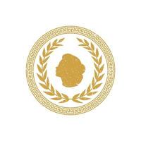 Antike griechische Goldmünze mit Silhouettenfrauenkopf, Lorbeerkranz, Grenzmuster Vintage-Label-Abzeichen-Emblem-Logo-Design-Vektor