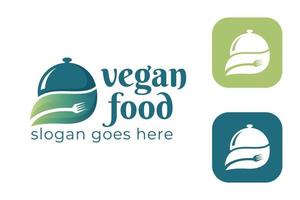 veganes essen mit grünem blatt, gabelsymbol für gesundes essen, vegetarisch, diät, logo-vorlage für natürliche zutaten vektor