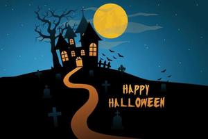 siluett skrämmande halloween hus med kyrkogård vektor