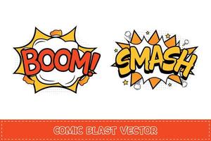 Boom Comic-Explosion mit roter, weißer und gelber Farbe. zerschmettern Sie die Comic-Explosion mit gelber und weißer Farbe. Comic-Burst mit buntem Boom und Smash. Boom-Explosionsblasen für Cartoon-Reden. vektor