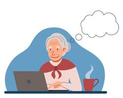 en äldre kvinna arbetar hemma vid en dator. söta mormor sitter vid sitt skrivbord och jobbar. vektor