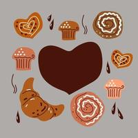 Menü Bäckerei Dessert Produkte Doodle Skizze handgezeichneten Stil, Cupcake, Croissant, Brötchen, Vektorelemente für Menü, Banner. vektor
