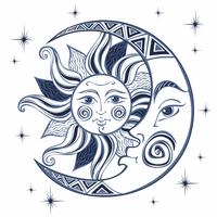 Der Mond und die Sonne. Altes astrologisches Symbol. Gravur. Boho-Stil. Ethnisch. Das Symbol des Tierkreises. Mystisch. Vektor.