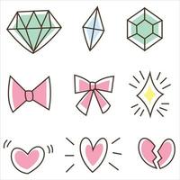 vektor illustration av en samling av nio söta älskare ikoner, diamanter och slipsar.