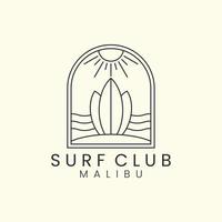 surf club mit abzeichen und linienkunststil logo icon template design. malibu strand, sonne, meer, vektorillustration vektor