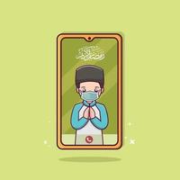 muslimska människor kommunicerar online via smartphone videosamtal i ramadan kareem och eid mubarak vektor