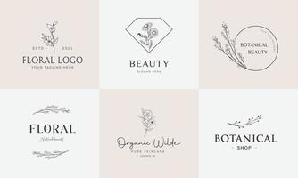 botanisches florales element handgezeichnetes logo mit wilden blumen und blättern. logo für spa- und schönheitssalon, boutique, bioladen, hochzeit, blumendesigner, innenausstattung, fotografie, kosmetik. vektor