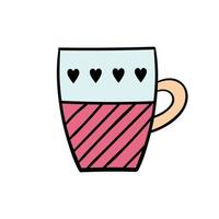 söt kaffemugg med ränder och hjärtan. vektor hand doodle illustration för restaurang eller kafé. god morgon, frukost, dryck, kaffe, te.