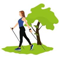 Nordic-Walking-Vektor Stock Illustration. Ein Mädchen an der frischen Luft treibt Sport. auf der Strasse gehen. isoliert auf weißem Hintergrund. vektor