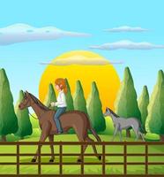 ein Mädchen, das auf einem Pferd in der Farmszene reitet