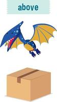 engelska prepositioner med dinosaurier som flyger ovanför lådor vektor