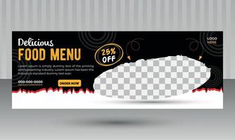 Lebensmittel-Social-Media-Banner und Cover-Design-Vorlage mit schwarzem Hintergrund für Restaurant-Food-Marketing vektor