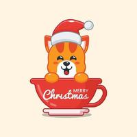 süße katze mit weihnachtsmütze in der tasse. nette weihnachtskarikaturillustration. vektor