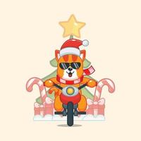 söt katt som bär julklapp med motorcykel. söt jul tecknad illustration. vektor