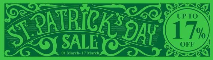 st patricks dag rea banner mall. vintage retro typografi på grön bakgrund. st. Patricks dag. shamrock bladklöver. vektor illustration.