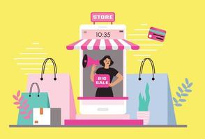 kvinnor som är nöjda med shopping på mobil betala med kreditkort. handla online i en webbutik på en webbplats eller mobilapplikation. vektor koncept älskar shopping. design till salu banner, digital marknadsföring.