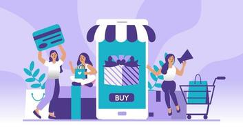 frauen, die mit dem einkaufen auf dem handy zufrieden sind, zahlen per kreditkarte. Online-Shopping in einem Online-Shop auf einer Website oder mobilen Anwendung. Vektorkonzept liebt Einkaufen. design für verkaufsbanner, digitales marketing. vektor