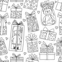 Nahtloses Muster zum Thema Geschenke Geschenkboxen, Puppe, Teddybär. Umrissdarstellung